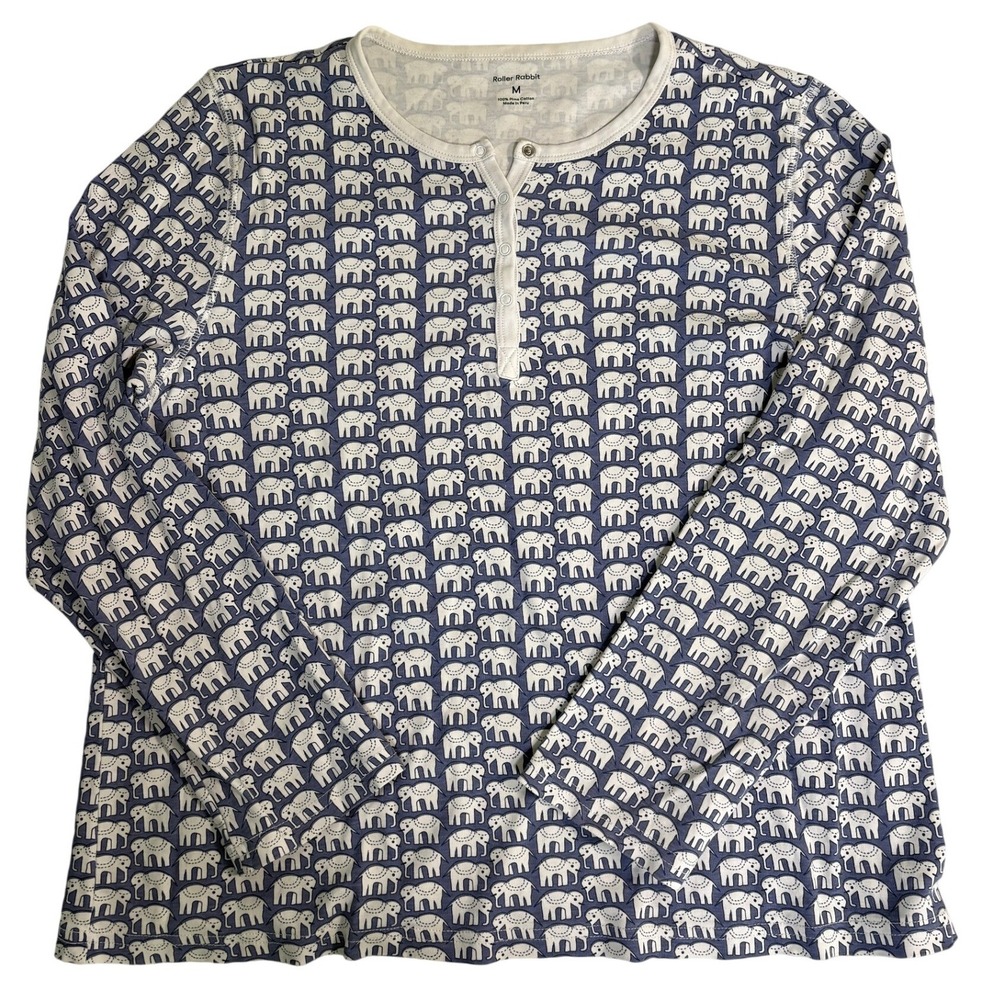 Roller Rabbit Hathi Elephant Print Pima Cotton Henley Pajama Top Navy White M